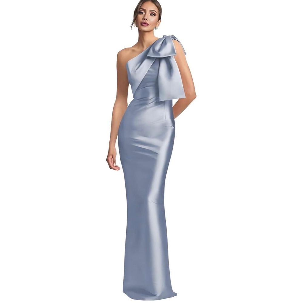 Metallic Satin One Shoulder Bow Evening Gown Steel Blue Formal Maxi Dress